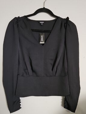 Express Black V-Neck Long Sleeve Peplum Blouse